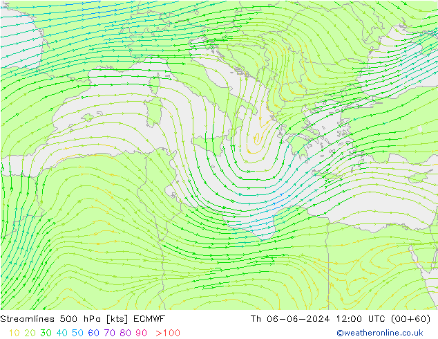 Linea di flusso 500 hPa ECMWF gio 06.06.2024 12 UTC