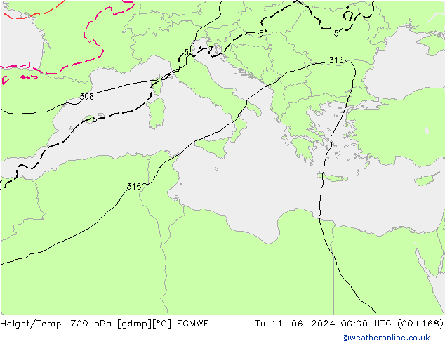 Height/Temp. 700 hPa ECMWF Ter 11.06.2024 00 UTC