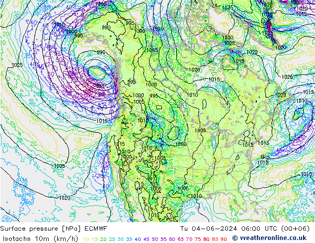 Eşrüzgar Hızları (km/sa) ECMWF Sa 04.06.2024 06 UTC