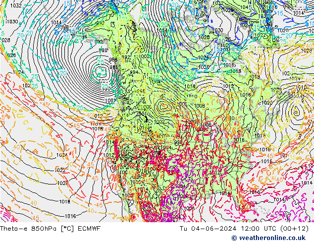 Theta-e 850hPa ECMWF Di 04.06.2024 12 UTC