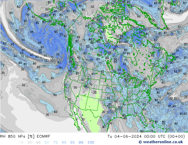 RH 850 hPa ECMWF wto. 04.06.2024 00 UTC