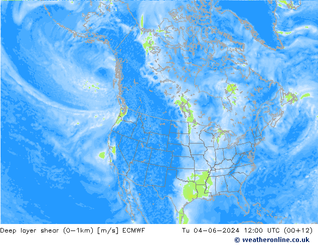 Deep layer shear (0-1km) ECMWF Di 04.06.2024 12 UTC