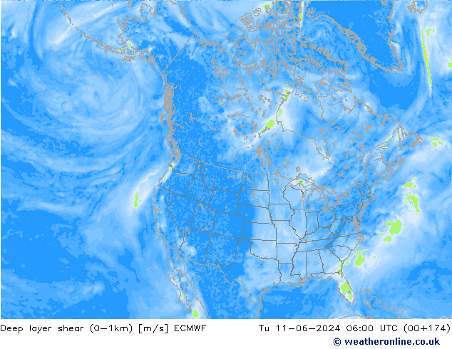 Deep layer shear (0-1km) ECMWF wto. 11.06.2024 06 UTC