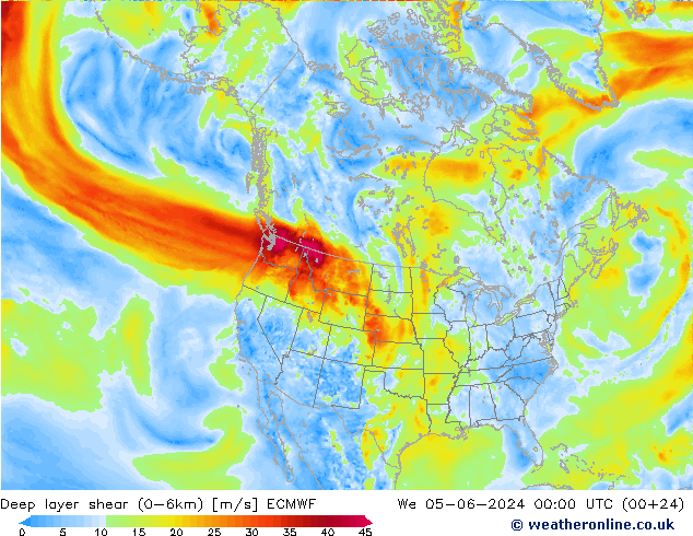 Deep layer shear (0-6km) ECMWF wo 05.06.2024 00 UTC