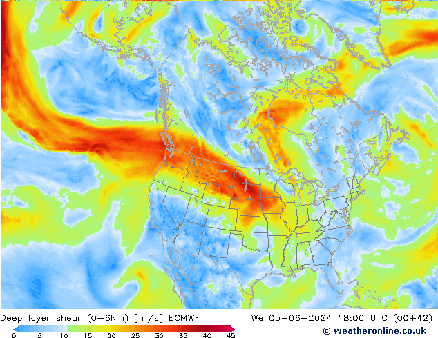 Deep layer shear (0-6km) ECMWF wo 05.06.2024 18 UTC