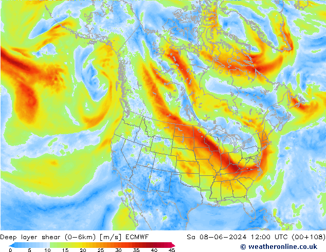 Deep layer shear (0-6km) ECMWF so. 08.06.2024 12 UTC