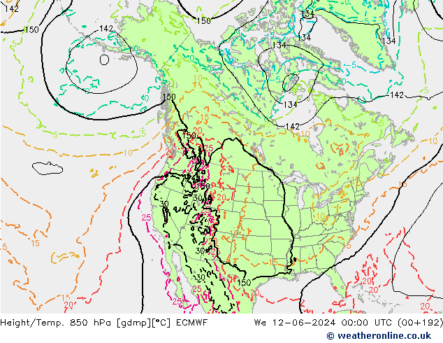 Z500/Yağmur (+YB)/Z850 ECMWF Çar 12.06.2024 00 UTC