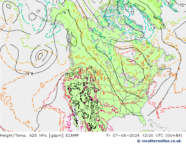 Height/Temp. 925 гПа ECMWF пт 07.06.2024 12 UTC