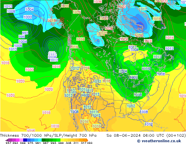 Thck 700-1000 гПа ECMWF сб 08.06.2024 06 UTC