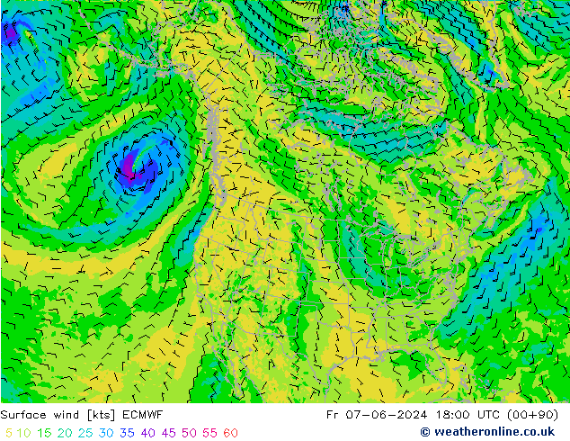 Vento 10 m ECMWF ven 07.06.2024 18 UTC