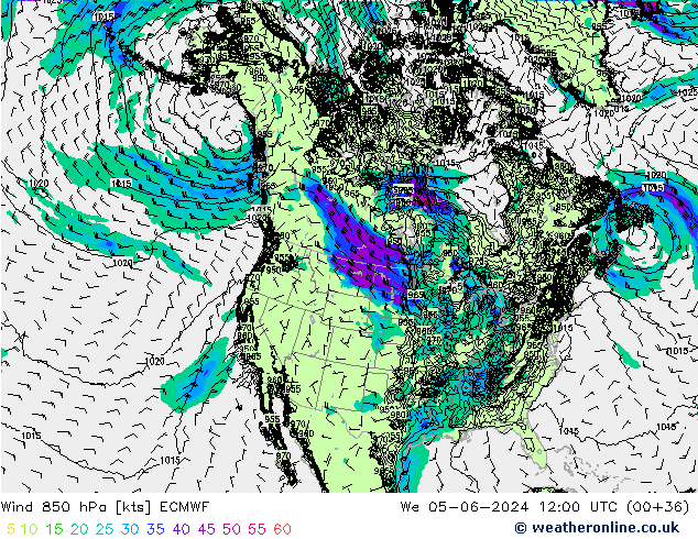 Vento 850 hPa ECMWF mer 05.06.2024 12 UTC