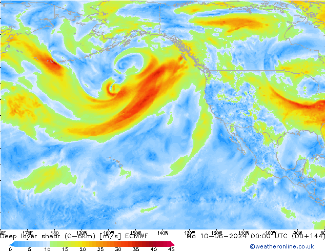 Deep layer shear (0-6km) ECMWF lun 10.06.2024 00 UTC