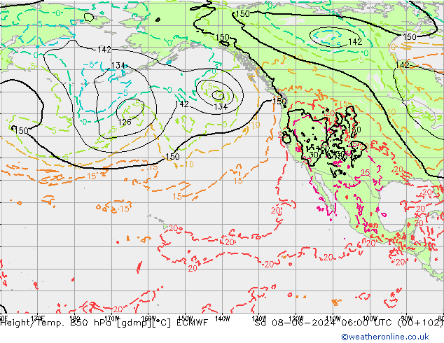 Geop./Temp. 850 hPa ECMWF sáb 08.06.2024 06 UTC