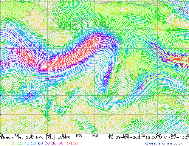 Linea di flusso 200 hPa ECMWF dom 09.06.2024 12 UTC
