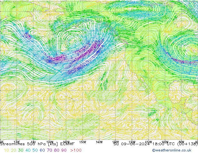 Linea di flusso 500 hPa ECMWF dom 09.06.2024 18 UTC