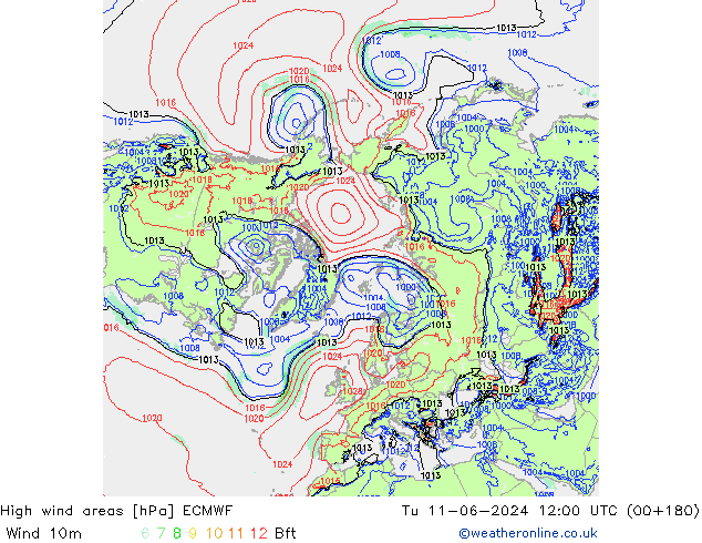 High wind areas ECMWF вт 11.06.2024 12 UTC
