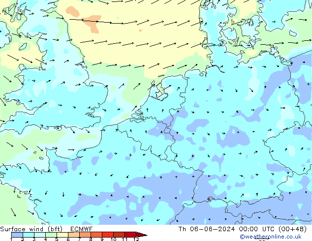 Viento 10 m (bft) ECMWF jue 06.06.2024 00 UTC