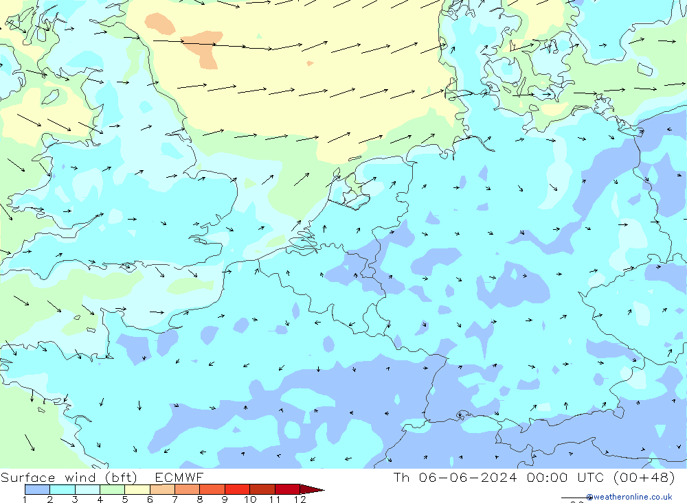 Surface wind (bft) ECMWF Th 06.06.2024 00 UTC