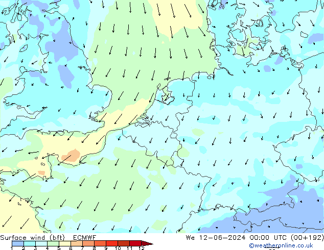 Rüzgar 10 m (bft) ECMWF Çar 12.06.2024 00 UTC