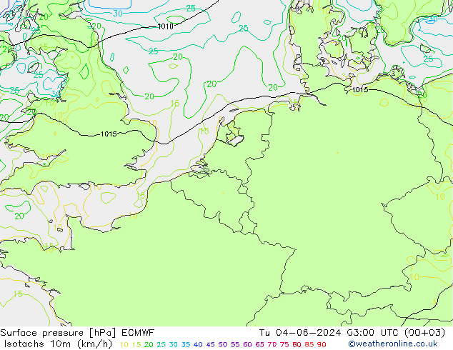 Izotacha (km/godz) ECMWF wto. 04.06.2024 03 UTC