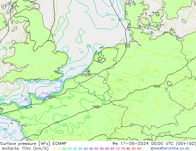 Isotachs (kph) ECMWF mer 12.06.2024 00 UTC