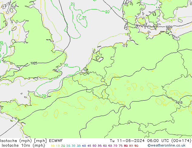 Isotachs (mph) ECMWF Tu 11.06.2024 06 UTC