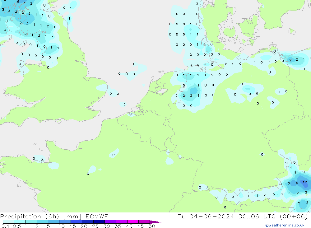 Nied. akkumuliert (6Std) ECMWF Di 04.06.2024 06 UTC