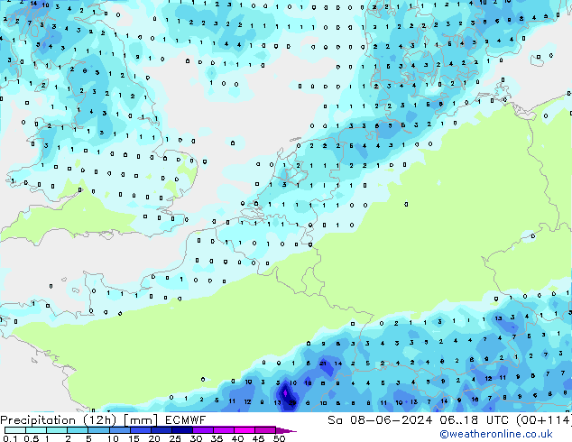 Precipitation (12h) ECMWF Sa 08.06.2024 18 UTC