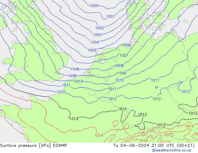 Surface pressure ECMWF Tu 04.06.2024 21 UTC