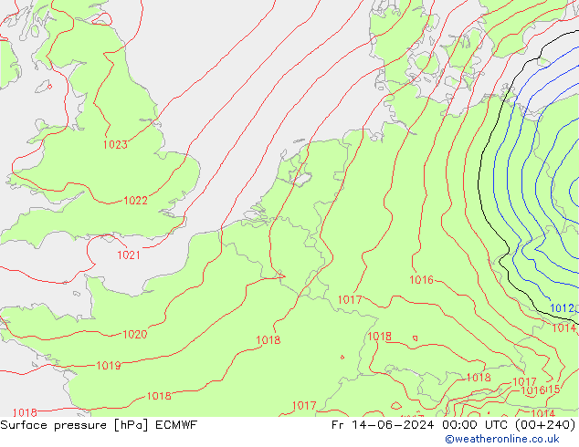 Presión superficial ECMWF vie 14.06.2024 00 UTC