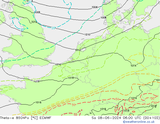 Theta-e 850hPa ECMWF Sa 08.06.2024 06 UTC