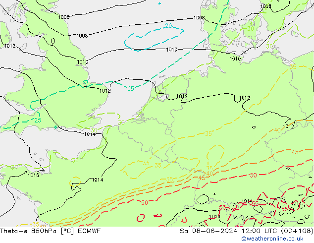 Theta-e 850hPa ECMWF So 08.06.2024 12 UTC