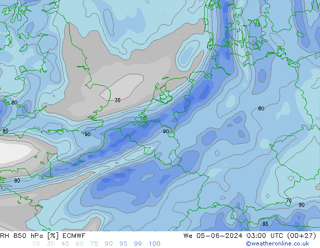 Humidité rel. 850 hPa ECMWF mer 05.06.2024 03 UTC