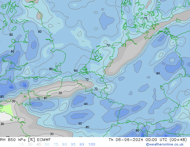 RH 850 hPa ECMWF czw. 06.06.2024 00 UTC