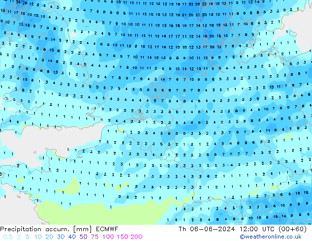 Precipitation accum. ECMWF Th 06.06.2024 12 UTC