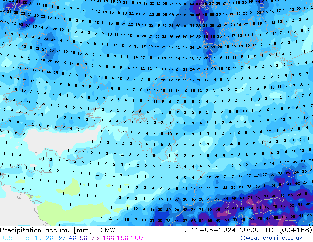 Precipitación acum. ECMWF mar 11.06.2024 00 UTC