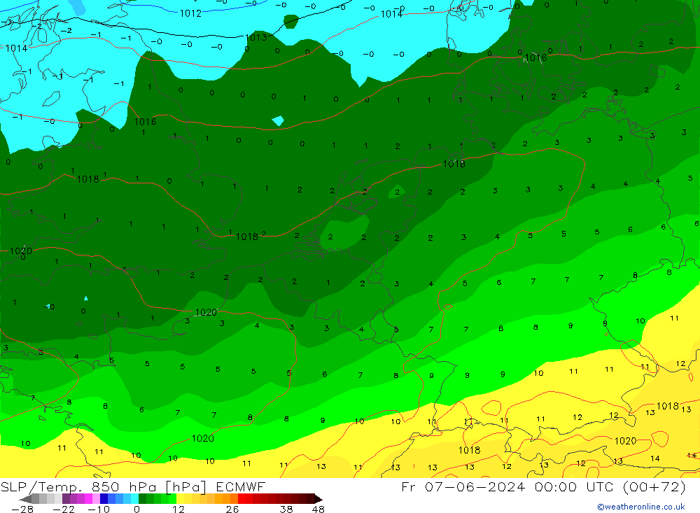 SLP/Temp. 850 гПа ECMWF пт 07.06.2024 00 UTC