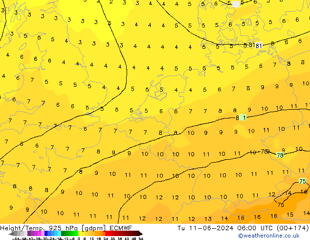 Height/Temp. 925 hPa ECMWF mar 11.06.2024 06 UTC