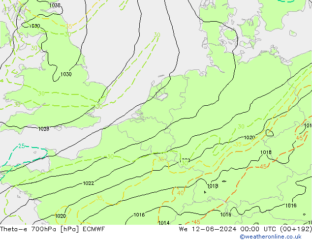 Theta-e 700hPa ECMWF Mi 12.06.2024 00 UTC