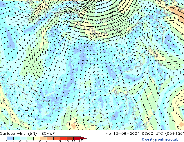 ве�Bе�@ 10 m (bft) ECMWF пн 10.06.2024 06 UTC