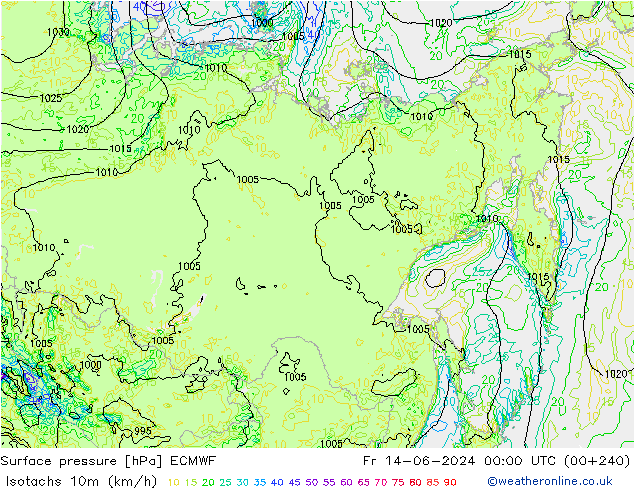 Isotachs (kph) ECMWF пт 14.06.2024 00 UTC