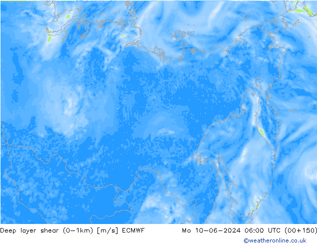 Deep layer shear (0-1km) ECMWF Mo 10.06.2024 06 UTC