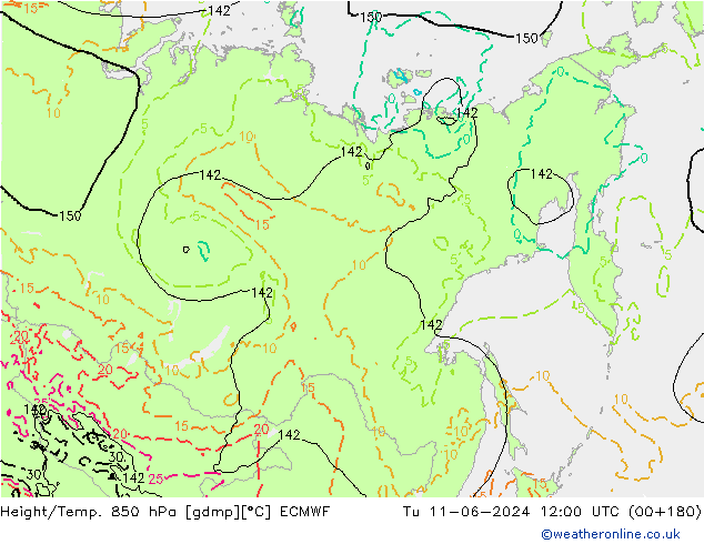 Z500/Rain (+SLP)/Z850 ECMWF Tu 11.06.2024 12 UTC