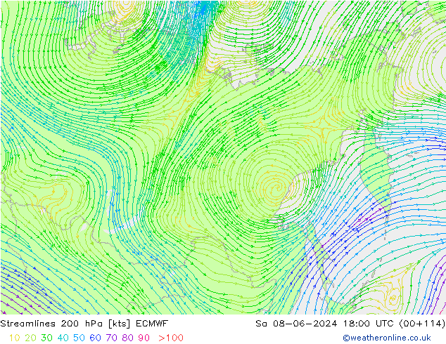 Stromlinien 200 hPa ECMWF Sa 08.06.2024 18 UTC