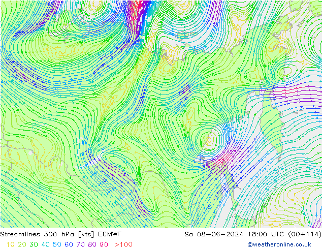 Línea de corriente 300 hPa ECMWF sáb 08.06.2024 18 UTC