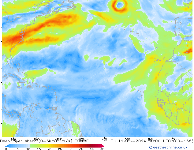 Deep layer shear (0-6km) ECMWF Ter 11.06.2024 00 UTC