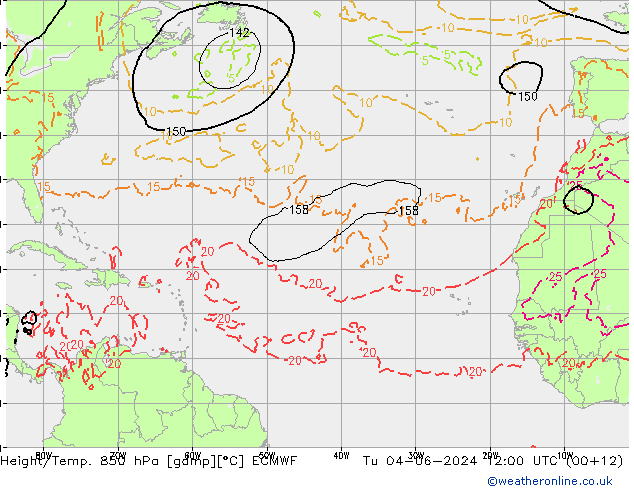 Hoogte/Temp. 850 hPa ECMWF di 04.06.2024 12 UTC