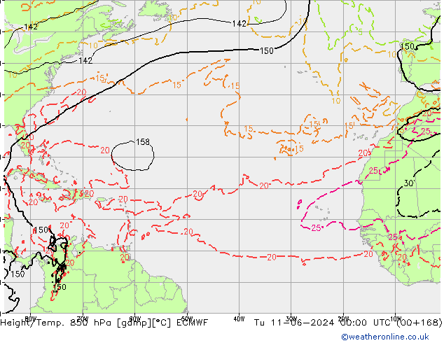 Height/Temp. 850 hPa ECMWF Út 11.06.2024 00 UTC