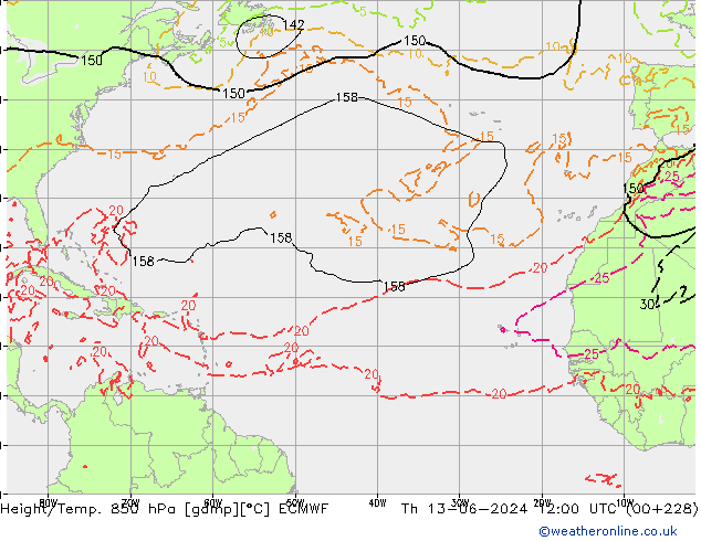 Height/Temp. 850 hPa ECMWF Th 13.06.2024 12 UTC