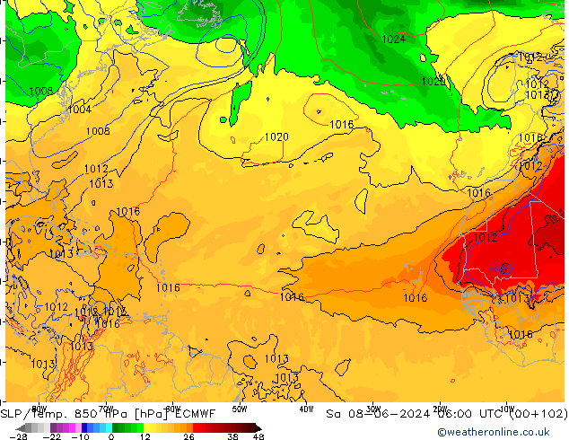 SLP/Temp. 850 hPa ECMWF sáb 08.06.2024 06 UTC